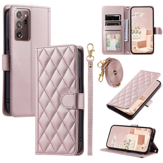 for Samsung Galaxy Note 20 Ultra Wallet Case, Premium PU Leather Magnetic Flip Folio Case with Wrist Strap Credit Card Holder for Women Men Crossbody Strap Case Cover for Galaxy Note 20 Ultra,Rosegold