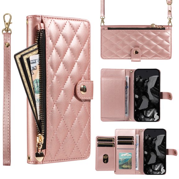 For Samsung Galaxy Note 20 Ultra Wallet Case: with RFID Blocking Card Slots [5 Cards+1 Cash Slot+1 Zipper Pocket | Soft PU Leather Magnetic Snap | Crossbody & Wrist Strap Protective Cover,Rosegold