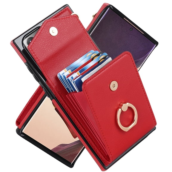 for Samsung Galaxy Note 20 Ultra Wallet Case with RFID Blocking Card Slots Case, PU Leather Finger Ring Holder Kickstand Wrist Strap Handbag Magnetic Shockproof Protective Cover,Red