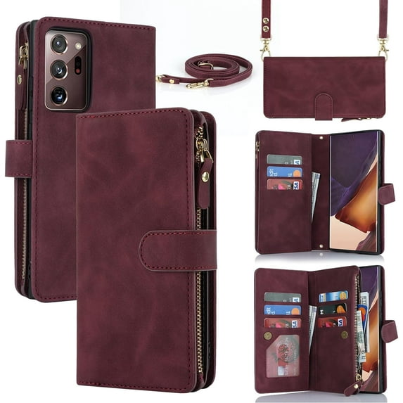 Samsung Galaxy Note 20 Ultra Wallet Case for Women Men with Card Holder, Samsung Note 20 Ultra Crossbody Phone Cases with Strap Lanyard, Zipper Pocket PU Leather Kickstand Purse,6.9" Burgundy