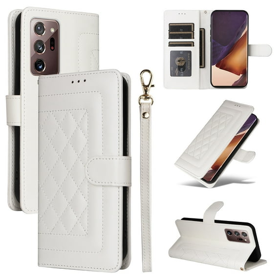 for Samsung Galaxy Note 20 Ultra Wallet Flip Case, Classic PU Leather Card Slots with Lanyard Magnetic Closure Kickstand Drop Protective Soft TPU Inner Case for Samsung Galaxy Note 20 Ultra, White