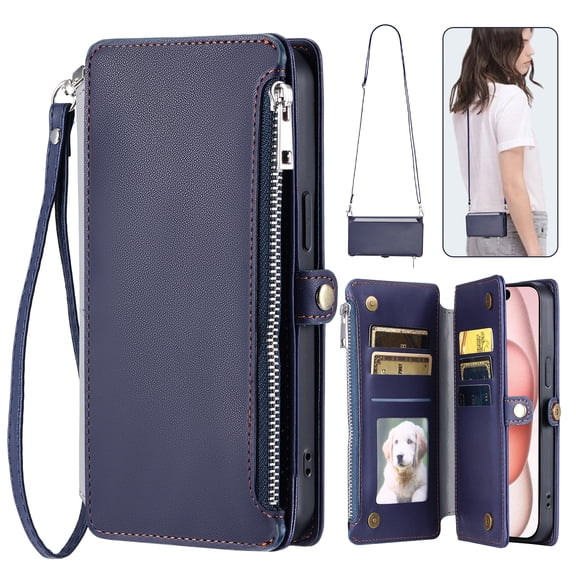 For Samsung Galaxy Note 20 Wallet Case – Crossbody Strap+Hand Lanyard & Zipper Pocket Credit Card Slots,Drop Tested PU Leather Magnetic Folio Cover with RFID Blocking Card Holder Phone Case,Darkblue