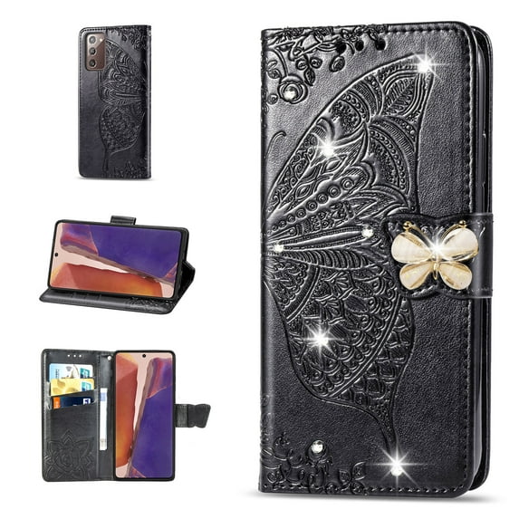 Samsung Galaxy Note 20 Wallet Case, Mantto Bling Butterfly Flower PU Leather Flip Phone Cover Credit Cards Slot Shockproof Protective Kickstand Case for Samsung Galaxy Note 20, Black
