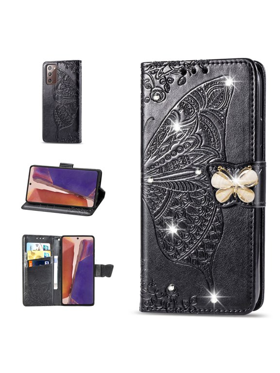 Samsung Galaxy Note 20 Wallet Case, Mantto Bling Butterfly Flower PU Leather Flip Phone Cover Credit Cards Slot Shockproof Protective Kickstand Case for Samsung Galaxy Note 20, Black