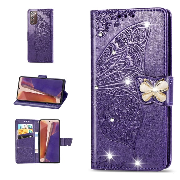 Samsung Galaxy Note 20 Wallet Case, Mantto Bling Butterfly Flower PU Leather Flip Phone Cover Credit Cards Slot Shockproof Protective Kickstand Case for Samsung Galaxy Note 20, Purple