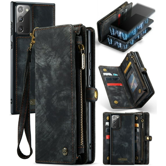 For Samsung Galaxy Note 20 Wallet Case,Multi-Functional Retro Leather Purse Flip Cover Zipper Wallet Case with Removable Card Slots Pocket & Detachable Wrist Strap Magnetic Phone Case, Black