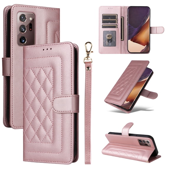 for Samsung Galaxy Note 20 Wallet Flip Case, Classic PU Leather Card Slots with Lanyard Magnetic Closure Kickstand Drop Protective Soft TPU Inner Case for Samsung Galaxy Note 20, Rosegold