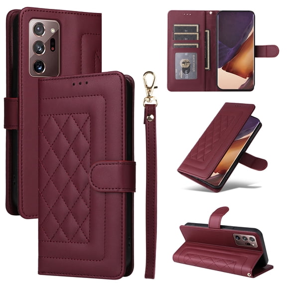 for Samsung Galaxy Note 20 Wallet Flip Case, Classic PU Leather Card Slots with Lanyard Magnetic Closure Kickstand Drop Protective Soft TPU Inner Case for Samsung Galaxy Note 20, Winered