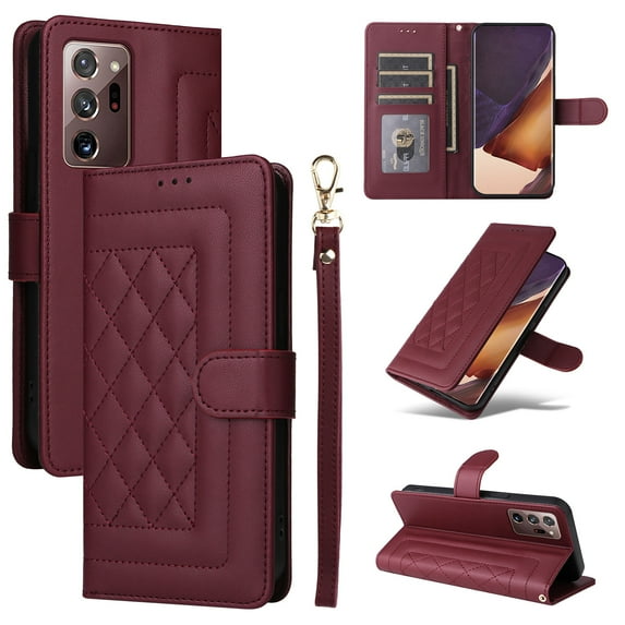 for Samsung Galaxy Note 20 Wallet Flip Case, Classic PU Leather Card Slots with Lanyard Magnetic Closure Kickstand Drop Protective Soft TPU Inner Case for Samsung Galaxy Note 20, Winered