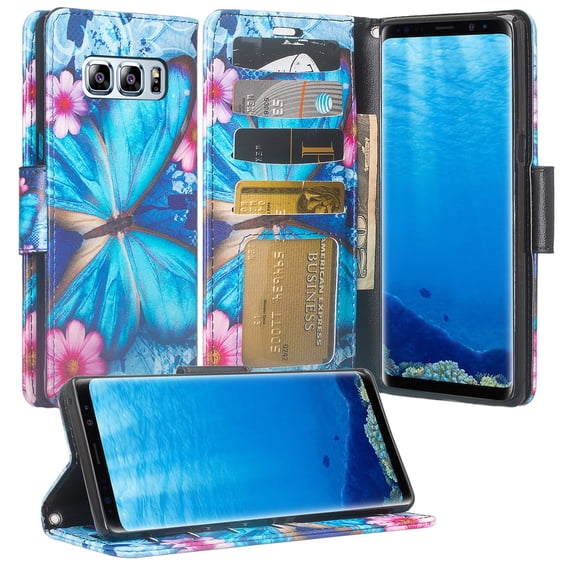 Samsung Galaxy Note 8 Case, Faux Leather Wallet Case Combo, Tempered Glass Screen Protector, Kickstand Wrist Strap Wallet Cover - Blue Butterfly