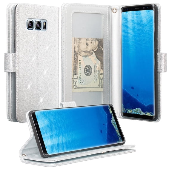 Samsung Galaxy Note 8 Case, Glitter Bling Faux Leather Kickstand Wallet Cover - Silver