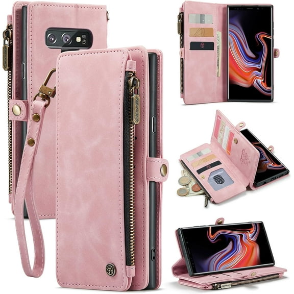 for Samsung Galaxy Note 9 Case, for Galaxy Note 9 Case Wallet for Women, Fashion PU Leather Magnetic Flip Wrist Strap Zipper Card Holder Wallet Phone Case for Samsung Galaxy Note 9, Pink