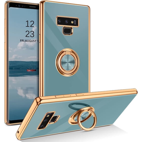 for Samsung Galaxy Note 9 Case with Ring Holder Kickstand 360 Degree Rotation Magnetic Car Finger Soft TPU Slim Cover Shockproof Protective Phone Case for Samsung Note 9 6.4 Inch, Gray Green