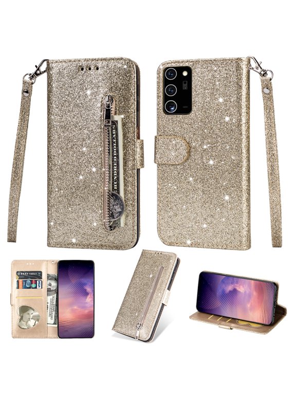 Samsung Galaxy Note20 Case, Dteck Bling Glitter PU Leather Zipper Wallet Case Cover With Hand Strap For Samsung Galaxy Note20 5G, Gold