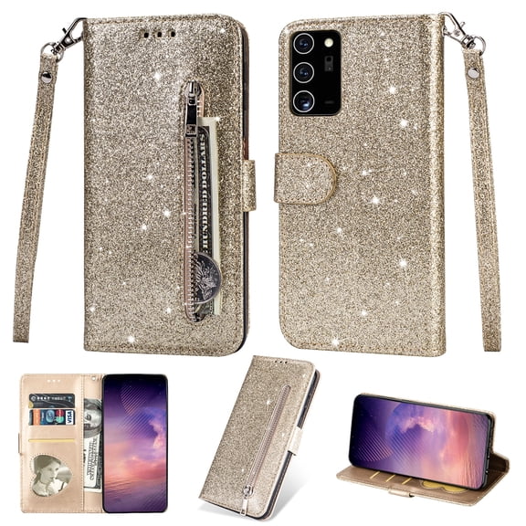 Samsung Galaxy Note20 Ultra Case, Dteck Bling Glitter PU Leather Zipper Wallet Case Cover With Hand Strap For Samsung Galaxy Note20 Ultra 5G, Gold