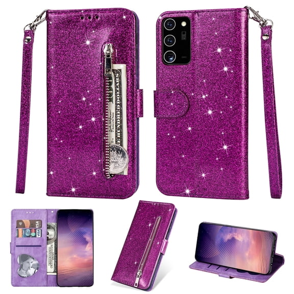 Samsung Galaxy Note20 Ultra Case, Dteck Bling Glitter PU Leather Zipper Wallet Case Cover With Hand Strap For Samsung Galaxy Note20 Ultra 5G, Purple