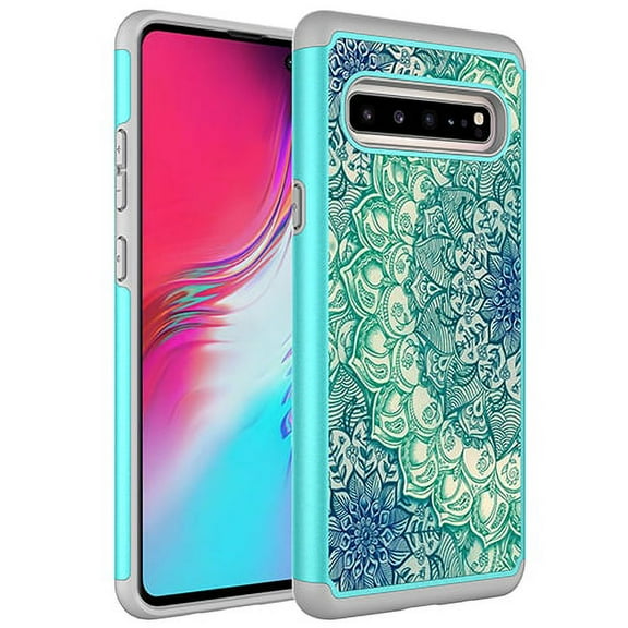 Samsung Galaxy S10 5G Case, KAESAR Hybrid Dual Layer Graphic PU Leather Colorful TPU Fashion Protective Cover Armor Case for Samsung Galaxy S10 5G (Green Mandala)