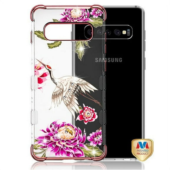 Samsung Galaxy S10 (6.1") Phone Case Hybrid Bling Diamonds TPU Rubber Silicone Bumper Shockproof Heavy Duty Drop Protection Clear Crane Flowers Phone Case Cover for Samsung Galaxy S10 (6.1 ")