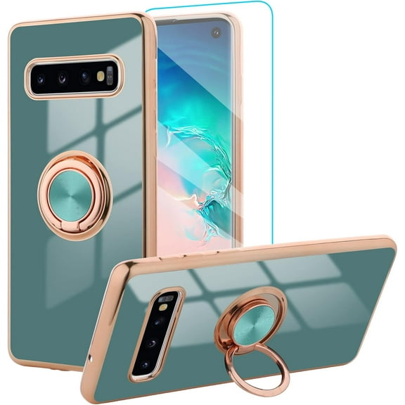 for Samsung Galaxy S10 Case with 360° Rotation Magnetic Ring Kickstand Holder,Shiny Plating Gold Edge Soft Slim Shockproof +Screen Protector Protective Cover for Women Girls(Gery)