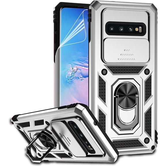 for Samsung Galaxy S10 Case with Camera Lens Cover HD Screen Protector, Dual Layer -Grade Drop Tested Ring Holder Kickstand Protective Phone Case for Samsung Galaxy S10 (Silver)