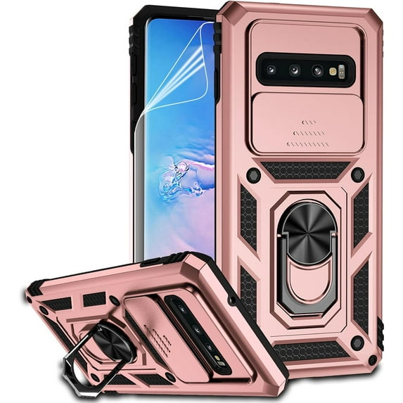 for Samsung Galaxy S10 Case with Camera Lens Cover HD Screen Protector, Dual Layer Military-Grade Drop Tested Magnetic Ring Holder Kickstand Protective Phone Case for Samsung Galaxy S10 (Rose Gold)