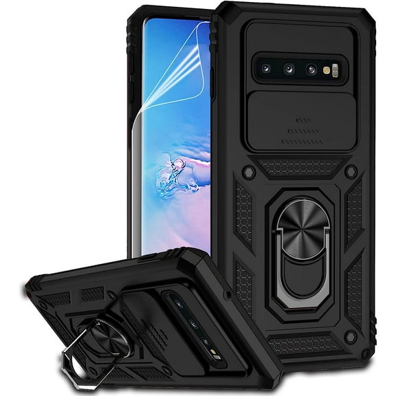 for Samsung Galaxy S10 Case with Camera Lens Cover HD Screen Protector, Dual Layer Military-Grade Drop Tested Magnetic Ring Holder Kickstand Protective Phone Case for Samsung Galaxy S10 (Black)