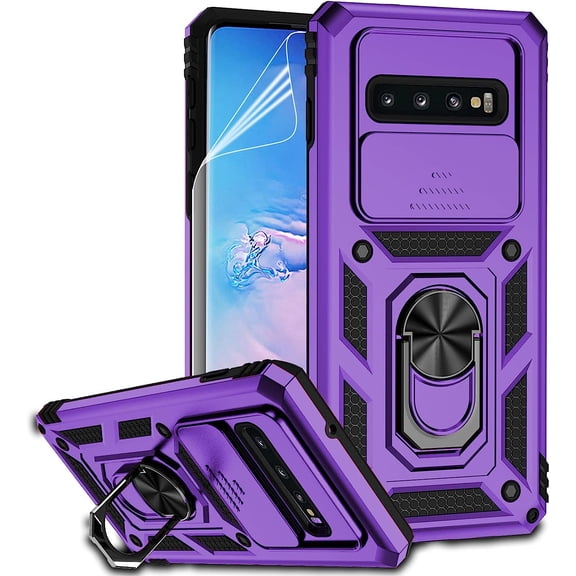 for Samsung Galaxy S10 Case with Camera Lens Cover HD Screen Protector, Dual Layer Military-Grade Drop Tested Magnetic Ring Holder Kickstand Protective Phone Case for Samsung Galaxy S10 (Purple)