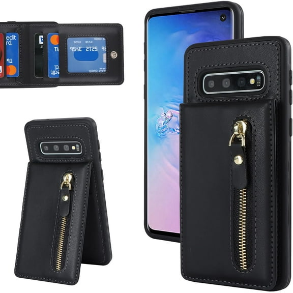 Samsung Galaxy S10 Case with Card Holder for Women, Samsung Galaxy S10 Phone Case Wallet with Credit Card with Ring Kickstand Zipper Shockproof Slim Stand Case - Black