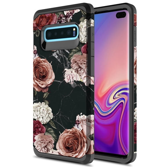 Samsung Galaxy S10 Case, Rosebono Slim Hybrid Shockproof Hard Cover Graphic Fashion Colorful Skin Cover Armor Case For Samsung Galaxy S10 (Black Marble Flower)