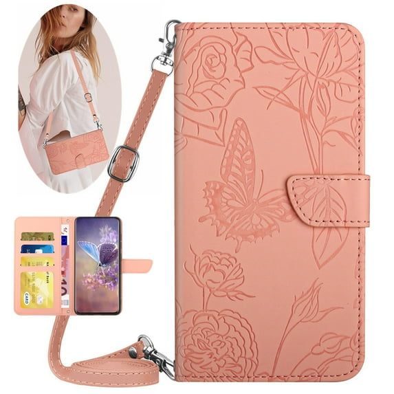 for Samsung Galaxy S10 Phone Case Wallet,Crossbody Strap Women Flip Folio Cover with Card Holders Butterfly Embossed Premium PU Leather Kickstand Wrist Strap Magnetic Closure Case,Pink