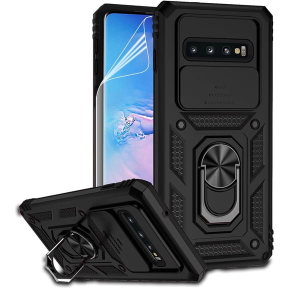 for Samsung Galaxy S10 Plus Case with Camera Lens Cover HD Screen Protector, -Grade Drop Tested Ring Holder Kickstand Protective Phone Case for Samsung Galaxy S10+ Plus (Black)