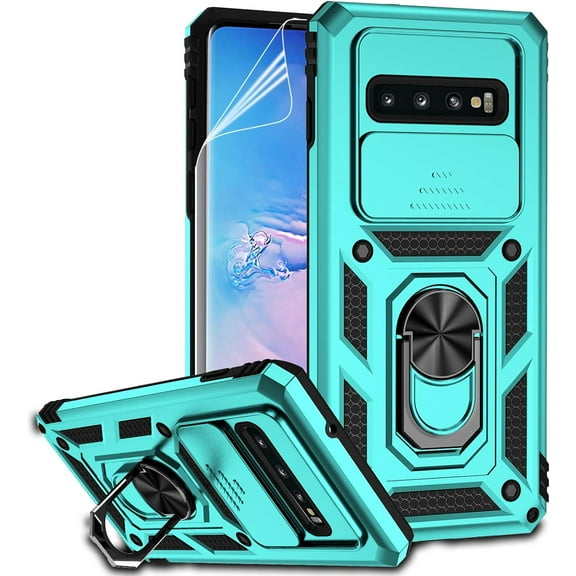 for Samsung Galaxy S10 Plus Case with Camera Lens Cover HD Screen Protector, Military-Grade Drop Tested Magnetic Ring Holder Kickstand Protective Phone Case for Samsung Galaxy S10+ Plus (Mint)