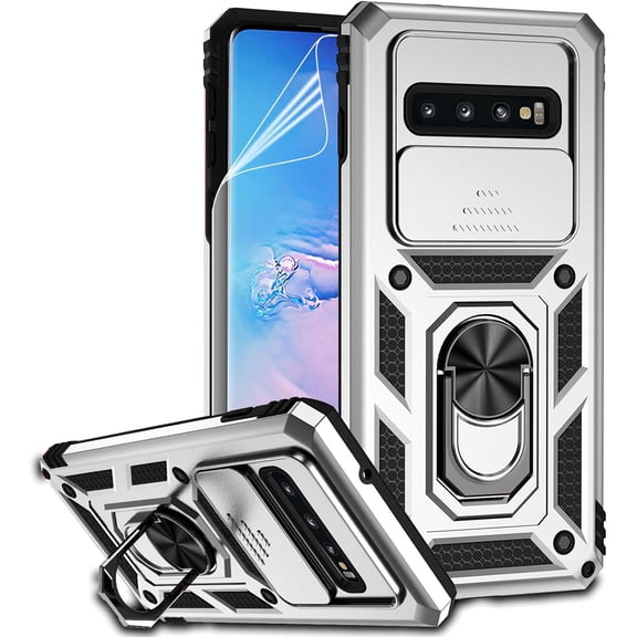 for Samsung Galaxy S10 Plus Case with Camera Lens Cover HD Screen Protector, Military-Grade Drop Tested Magnetic Ring Holder Kickstand Protective Phone Case for Samsung Galaxy S10+ Plus (Silver)