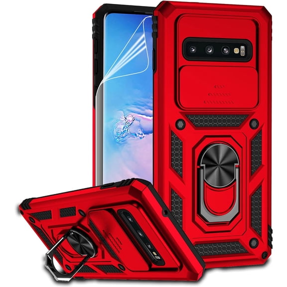 for Samsung Galaxy S10 Plus Case with Camera Lens Cover HD Screen Protector, Military-Grade Drop Tested Magnetic Ring Holder Kickstand Protective Phone Case for Samsung Galaxy S10+ Plus (Red)