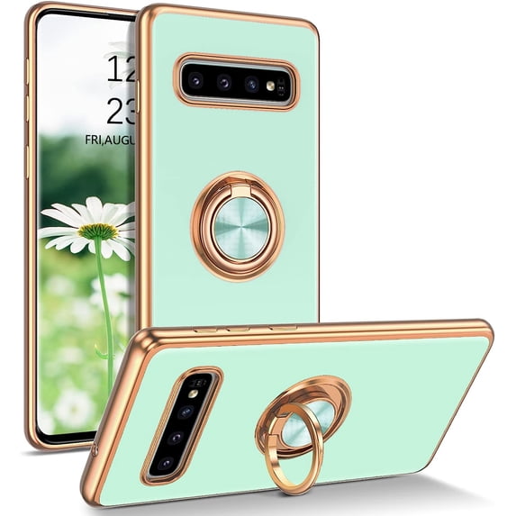 for Samsung Galaxy S10 Plus Case with Ring Holder Kickstand 360 Degree Rotation Car Finger Slim Cover Shockproof Full Body Protective Phone Case for Samsung S10 Plus, Mint Green