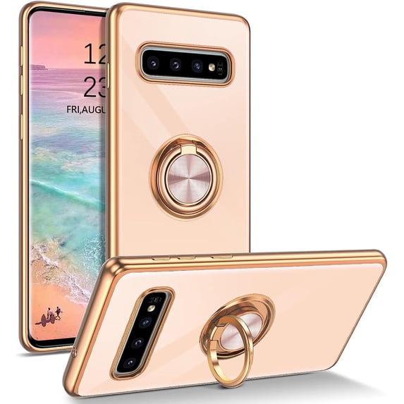 for Samsung Galaxy S10 Plus Case with Ring Holder Kickstand 360 Degree Rotation Car Finger Slim Cover Shockproof Full Body Protective Phone Case for Samsung S10 Plus, Light Pink