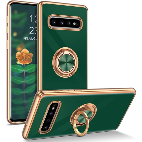 for Samsung Galaxy S10 Plus Case with Ring Holder Kickstand 360 Degree Rotation Car Finger Soft TPU Slim Cover Full Body Protective Phone Case for Samsung S10 Plus 6.4", Dark Green