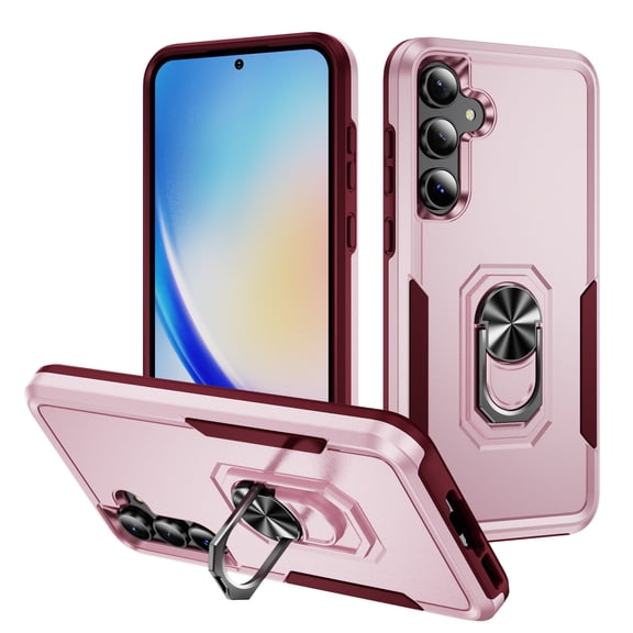 for Samsung Galaxy S10 Plus Case, Slim Fit Military Grade Drop Tested Dual Layer Shockproof Case with 360 Ring Holder Kickstand Protective Rugged Car Magnetic Non-Slip Phone Case,Pink+Rose