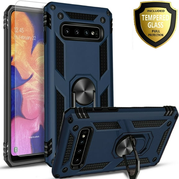 Samsung Galaxy S10 Plus Case,With [Tempered Glass Screen Protector Included], STARSHOP Drop Protection Ring Kickstand Cover- Ink Blue