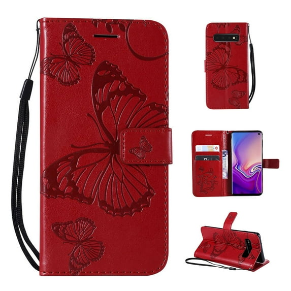 Samsung Galaxy S10 Plus Wallet Case, Dteck Embossed Butterfly Flip PU Leather Folio Stand Case Cover Built-in Card Slots & Money Pocket, with wrist Strap, For Samsung Galaxy S10+, Red