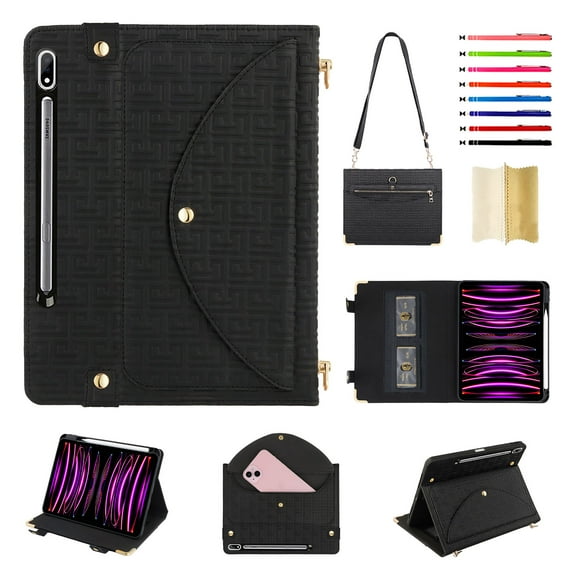 for Samsung Galaxy S10 Ultra/S9 Ultra/S8 Ultra 14.6" 2024/2023/2022 Crossbody Case, PU Leather Cover with Card Holder Zipper Pocket Flip Stand Shoulder Strap Pen Slot, Envelope Design Case, Black