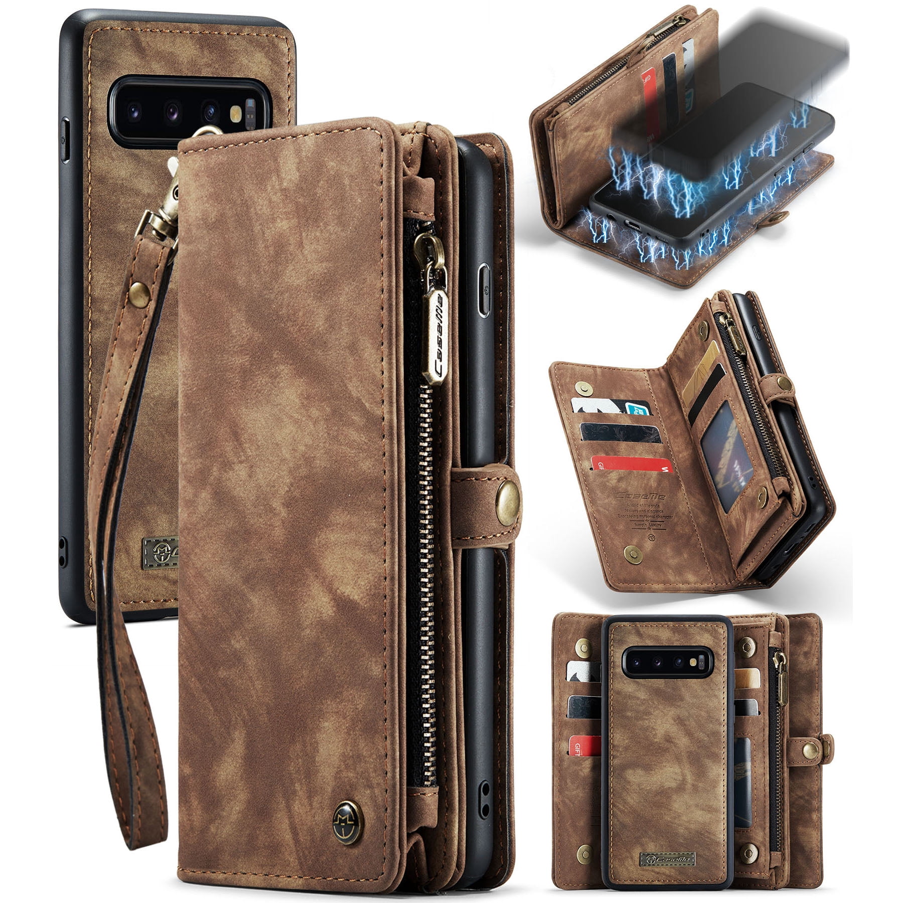 For Samsung Galaxy S10 Wallet Case,Multi-Functional Retro Leather Purse Flip Cover Zipper Wallet Case with Removable Card Slots Pocket & Detachable Wrist Strap Magnetic Phone Case, Darkbrown