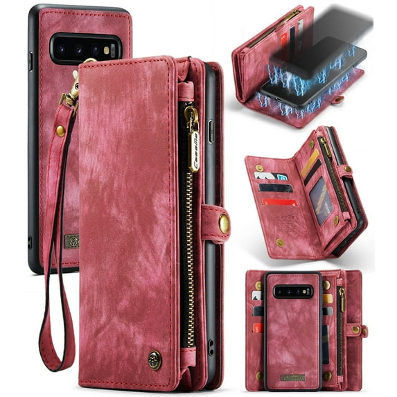 For Samsung Galaxy S10 Wallet Case,Multi-Functional Retro Leather Purse Flip Cover Zipper Wallet Case with Removable Card Slots Pocket & Detachable Wrist Strap Magnetic Phone Case, Red