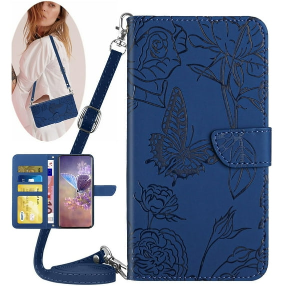 for Samsung Galaxy S10E Phone Case Wallet,Crossbody Strap Women Flip Folio Cover with Card Holders Butterfly Embossed Premium PU Leather Kickstand Wrist Strap Magnetic Closure Case,Darkblue