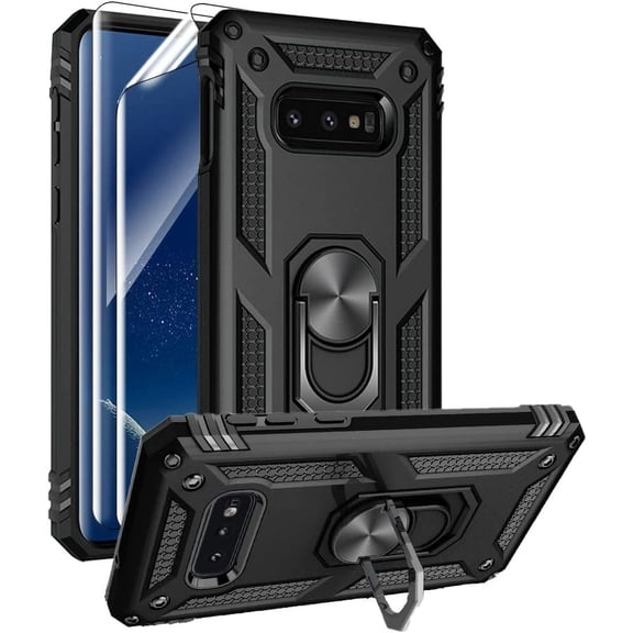 for Samsung Galaxy S10e Case with HD Screen Protectors, Military-Grade Metal Ring Holder Kickstand 15ft Drop Tested Shockproof Cover Case for Samsung Galaxy S10e (2019) Black