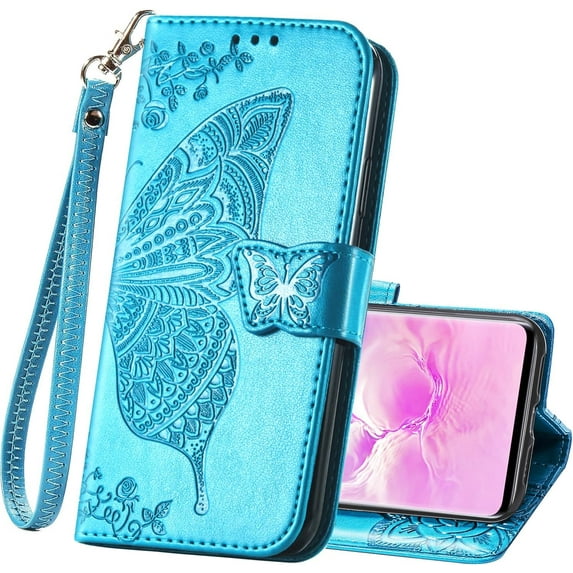 for Samsung Galaxy S10e Phone Case Wallet,Women Flip Folio PU Leather Protective Case Wrist Strap Card Slots Holder Pocket Emboss Butterfly Flower Stand Flip Case for Samsung Galaxy S10e Blue