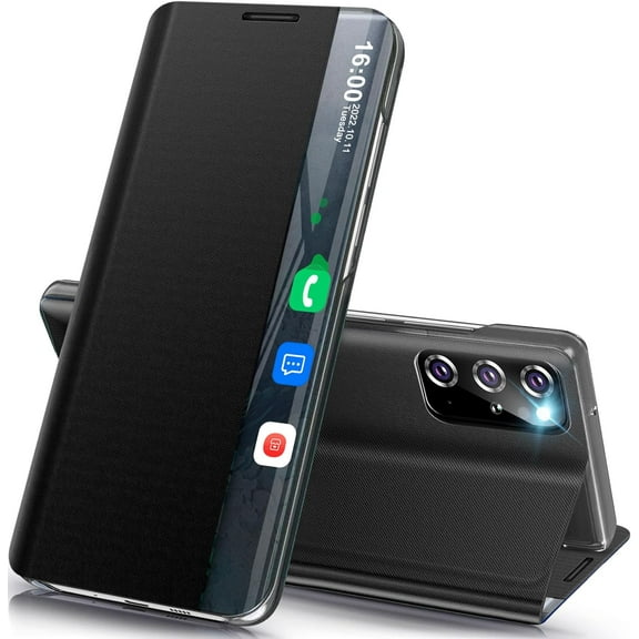 for Samsung Galaxy S20+ 5G Case View Clear Smart Window Leather for Samsung S20+ Case Slim Mirror Hard PC Kickstand Luxury Flip Shockproof Galaxy S20 Plus Cover (Black)