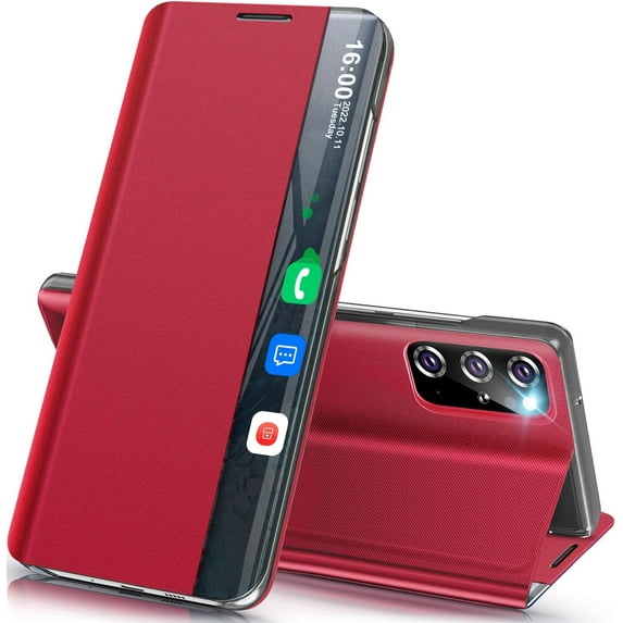 for Samsung Galaxy S20+ 5G Case View Clear Smart Window Leather for Samsung S20+ Case Slim Mirror Hard PC Kickstand Luxury Flip Shockproof Galaxy S20 Plus Cover (Red)