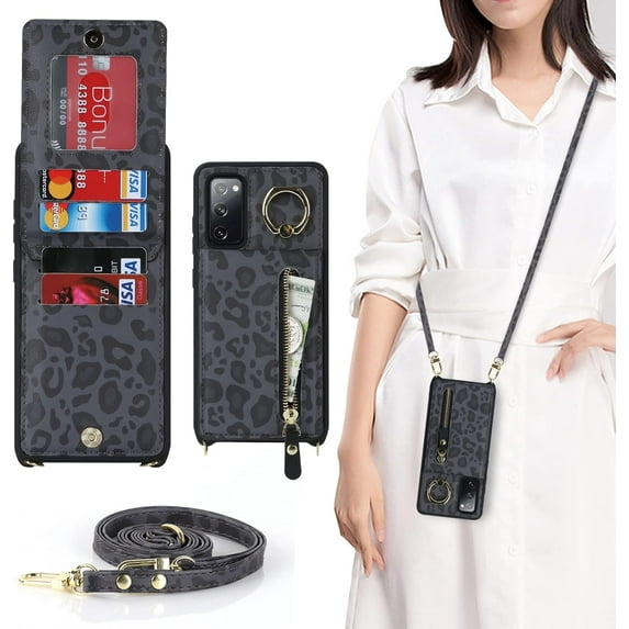 Samsung Galaxy S20 5G Phone Case for Women with Card Holder,Samsung S20 Case Wallet Crossbody Lanyard with Strap,Credit Card Slots Kickstand Case with Ring Holder,6.2 Inch,Black Leopard