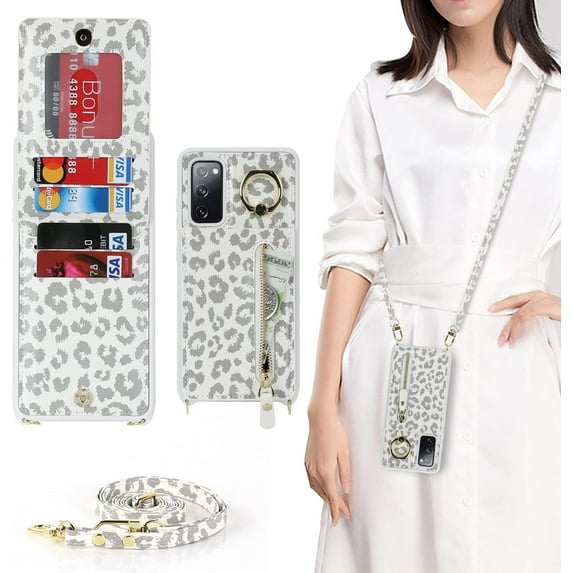 Samsung Galaxy S20 5G Phone Case for Women with Card Holder,Samsung S20 Case Wallet Crossbody Lanyard with Strap,Credit Card Slots Kickstand Case with Ring Holder,6.2 Inch,White Leopard